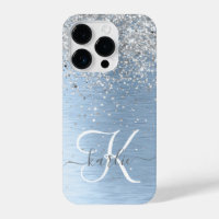 Blue Brushed Metal Silver Glitter Monogram Name