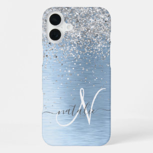 Blue Brushed Metal Silver Glitter Monogram Name iPhone 16 Plus Case