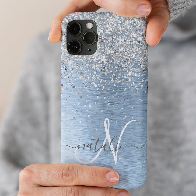Blue Brushed Metal Silver Glitter Monogram Name iPhone Case (Creator Uploaded)