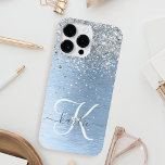 Blue Brushed Metal Silver Glitter Monogram Name iPhone 14 Pro Max Case<br><div class="desc">Easily personalize this trendy chic phone case design featuring pretty silver sparkling glitter on a blue brushed metallic background.</div>