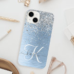 Blue Brushed Metal Silver Glitter Monogram Name iPhone 14 Case<br><div class="desc">Easily personalize this trendy chic phone case design featuring pretty silver sparkling glitter on a blue brushed metallic background.</div>