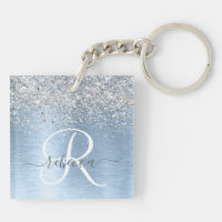 Blue Brushed Metal Silver Glitter Monogram Name