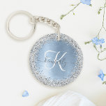 Blue Brushed Metal Silver Glitter Monogram Name Keychain<br><div class="desc">Easily personalize this trendy chic keychain design featuring pretty silver sparkling glitter on a blue brushed metallic background.</div>
