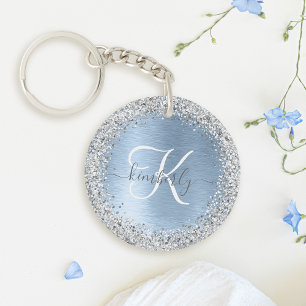 Blue Brushed Metal Silver Glitter Monogram Name Keychain