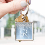 Blue Brushed Metal Silver Glitter Monogram Name Keychain<br><div class="desc">Easily personalize this trendy chic keychain design featuring pretty silver sparkling glitter on a blue brushed metallic background.</div>