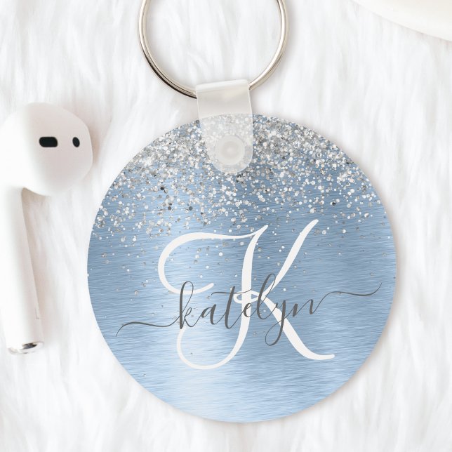 Blue Brushed Metal Silver Glitter Monogram Name Keychain (This keychain has a cool blue brushed metal design with silver glitter, your monogram and name.)