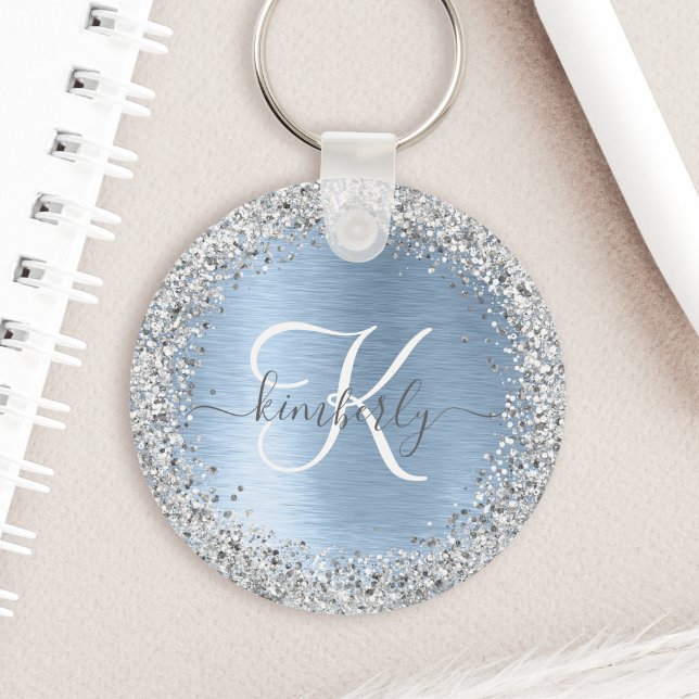Blue Brushed Metal Silver Glitter Monogram Name Keychain (This blue brushed metal glitter keychain is a chic and stylish way to personalize your keys)