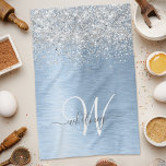 Blue Brushed Metal Silver Glitter Monogram Name Kitchen Towel<br><div class="desc">Easily personalize this trendy chic kitchen towel design featuring pretty silver sparkling glitter on a blue brushed metallic background.</div>