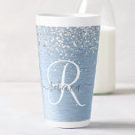 Blue Brushed Metal Silver Glitter Monogram Name Latte Mug<br><div class="desc">Easily personalize this trendy chic latte mug design featuring pretty silver sparkling glitter on a blue brushed metallic background.</div>