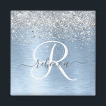 Blue Brushed Metal Silver Glitter Monogram Name Magnet<br><div class="desc">Easily personalize this trendy chic magnet design featuring pretty silver sparkling faux glitter on a blue brushed metallic background.</div>
