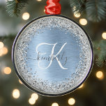 Blue Brushed Metal Silver Glitter Monogram Name Metal Ornament<br><div class="desc">Easily personalize this trendy chic snowflake framed Christmas ornament design featuring pretty silver sparkling glitter on a blue brushed metallic background.</div>