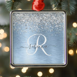 Blue Brushed Metal Silver Glitter Monogram Name Metal Ornament<br><div class="desc">Easily personalize this trendy chic ornament design featuring pretty silver sparkling glitter on a blue brushed metallic background.</div>