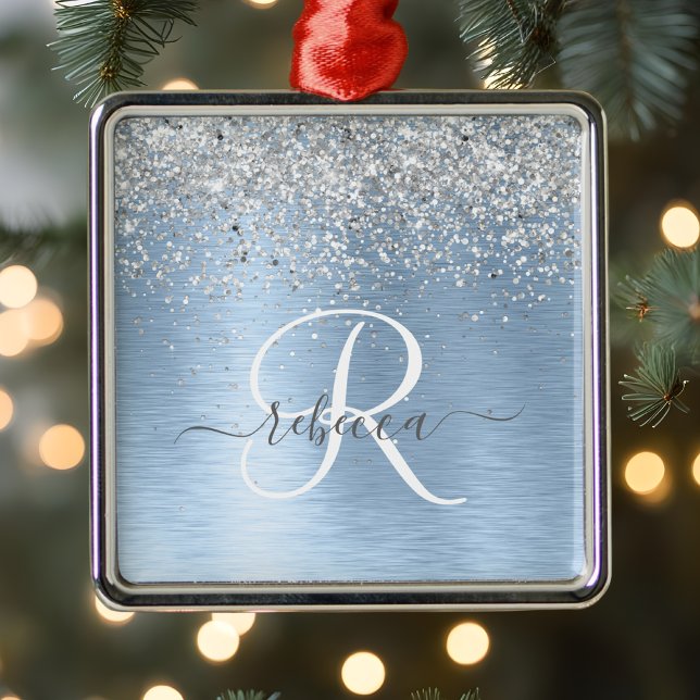 Blue Brushed Metal Silver Glitter Monogram Name Metal Ornament (Creator Uploaded)