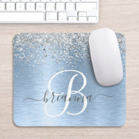 Blue Brushed Metal Silver Glitter Monogram Name