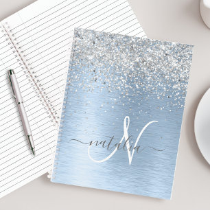 Blue Brushed Metal Silver Glitter Monogram Name Notebook