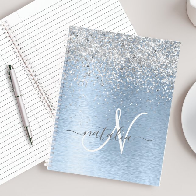 Blue Brushed Metal Silver Glitter Monogram Name Notebook (Creator Uploaded)