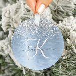 Blue Brushed Metal Silver Glitter Monogram Name Ornament<br><div class="desc">Easily personalize this trendy chic ornament design featuring pretty silver sparkling glitter on a blue brushed metallic background.</div>