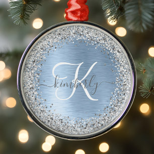 Blue Brushed Metal Silver Glitter Monogram Name Ornament