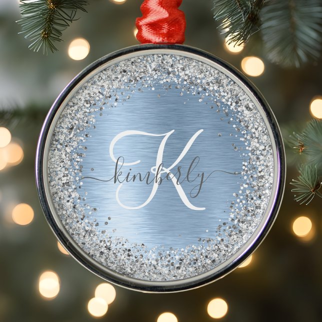 Blue Brushed Metal Silver Glitter Monogram Name Ornament (Creator Uploaded)