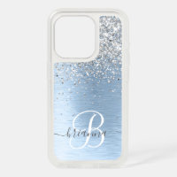 Blue Brushed Metal Silver Glitter Monogram Name