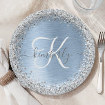 Blue Brushed Metal Silver Glitter Monogram Name Paper Plate<br><div class="desc">Easily personalize this trendy chic paper plate design featuring pretty silver sparkling faux glitter on a blue brushed metallic background.</div>