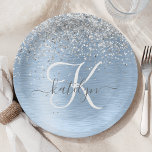 Blue Brushed Metal Silver Glitter Monogram Name Paper Plate<br><div class="desc">Easily personalize this trendy chic paper plates design featuring pretty silver sparkling glitter on a blue brushed metallic background.</div>