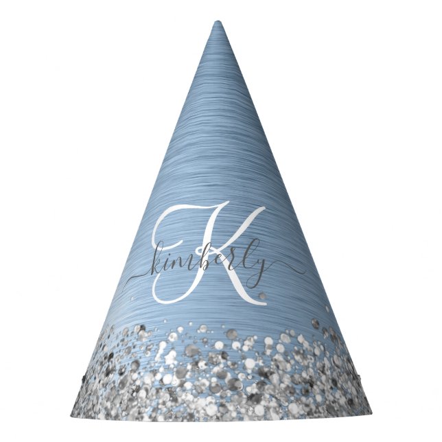 Blue Brushed Metal Silver Glitter Monogram Name Party Hat (Front)