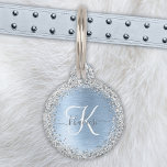 Blue Brushed Metal Silver Glitter Monogram Name Pet Tag<br><div class="desc">Easily personalize this trendy chic pet ID tag design featuring pretty silver sparkling glitter on a blue brushed metallic background.</div>