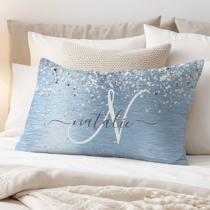 Blue Brushed Metal Silver Glitter Monogram Name Pillowcase