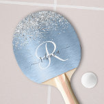 Blue Brushed Metal Silver Glitter Monogram Name Ping Pong Paddle<br><div class="desc">Easily personalize this trendy chic ping pong paddle design featuring pretty silver sparkling glitter on a blue brushed metallic background.</div>
