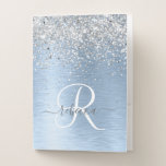 Blue Brushed Metal Silver Glitter Monogram Name Pocket Folder<br><div class="desc">Easily personalize this trendy chic pocket folders design featuring pretty silver sparkling glitter on a blue brushed metallic background.</div>