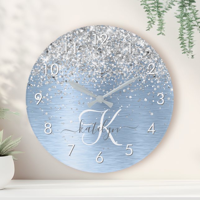 Blue Brushed Metal Silver Glitter Monogram Name Round Clock (Creator Uploaded)