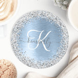 Blue Brushed Metal Silver Glitter Monogram Name Round Paper Coaster<br><div class="desc">Easily personalize this trendy chic coaster design featuring pretty silver sparkling faux glitter on a blue brushed metallic background.</div>