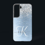 Blue Brushed Metal Silver Glitter Monogram Name Samsung Galaxy Case<br><div class="desc">Easily personalize this trendy chic phone case design featuring pretty silver sparkling glitter on a blue brushed metallic background.</div>