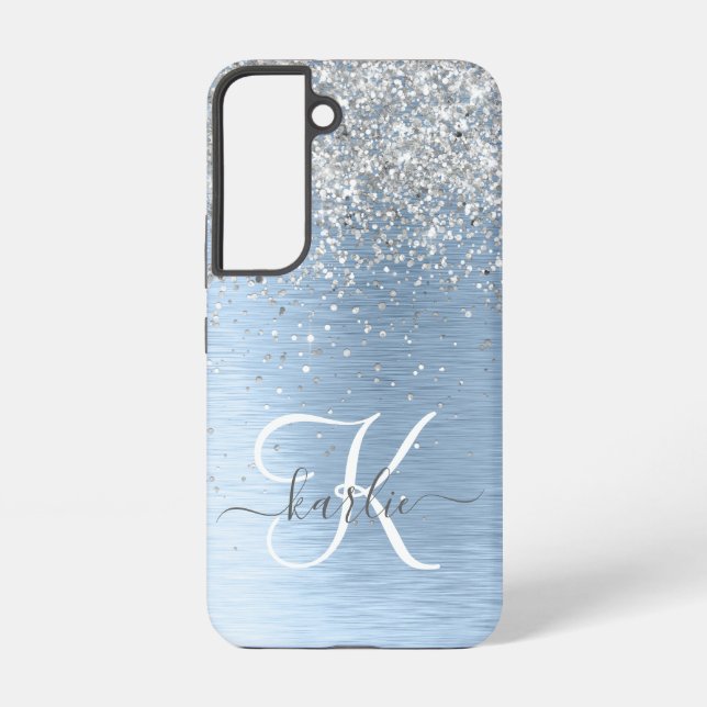 Blue Brushed Metal Silver Glitter Monogram Name Samsung Galaxy S22 Case (Back)