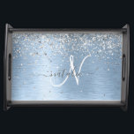 Blue Brushed Metal Silver Glitter Monogram Name Serving Tray<br><div class="desc">Easily personalize this trendy chic serving tray design featuring pretty silver sparkling glitter on a blue brushed metallic background.</div>