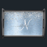 Blue Brushed Metal Silver Glitter Monogram Name Serving Tray<br><div class="desc">Easily personalize this trendy chic serving tray design featuring pretty silver sparkling glitter on a blue brushed metallic background.</div>