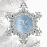Blue Brushed Metal Silver Glitter Monogram Name Snowflake Pewter Christmas Ornament<br><div class="desc">Easily personalize this trendy chic snowflake framed Christmas ornament design featuring pretty silver sparkling glitter on a blue brushed metallic background.</div>