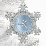 Blue Brushed Metal Silver Glitter Monogram Name Snowflake Pewter Christmas Ornament<br><div class="desc">Easily personalize this trendy chic snowflake framed Christmas ornament design featuring pretty silver sparkling faux glitter on a blue brushed metallic background.</div>