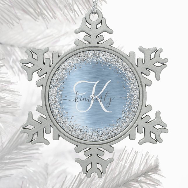 Blue Brushed Metal Silver Glitter Monogram Name Snowflake Pewter Christmas Ornament (Creator Uploaded)