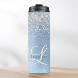 Blue Brushed Metal Silver Glitter Monogram Name Thermal Tumbler<br><div class="desc">Easily personalize this trendy chic thermal tumbler design featuring pretty silver sparkling glitter on a blue brushed metallic background.</div>