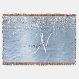 Blue Brushed Metal Silver Glitter Monogram Name Throw Blanket