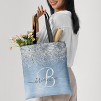 Blue Brushed Metal Silver Glitter Monogram Name