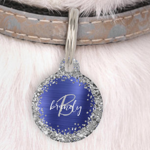 Blue Brushed Metal Silver Glitter Monogram Pet Tag