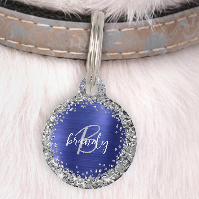 Blue Brushed Metal Silver Glitter Monogram  Pet Tag (Creator Uploaded)