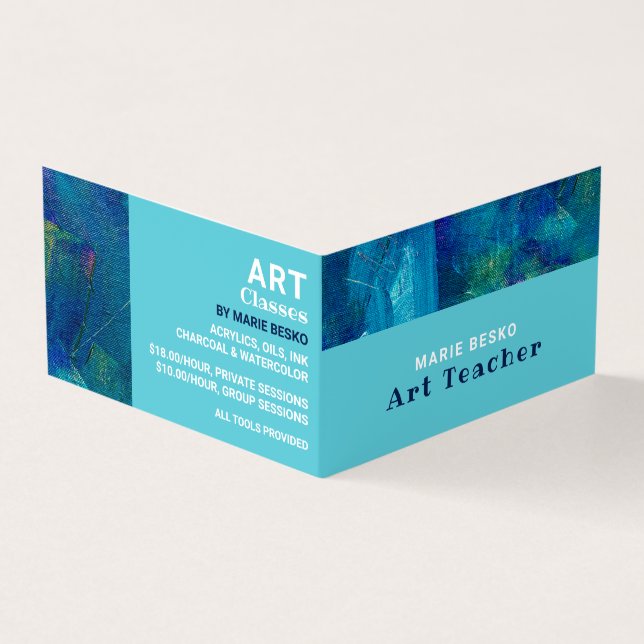 Blue Brushstrokes, Art Teacher, Detailed Business Card (Outside)
