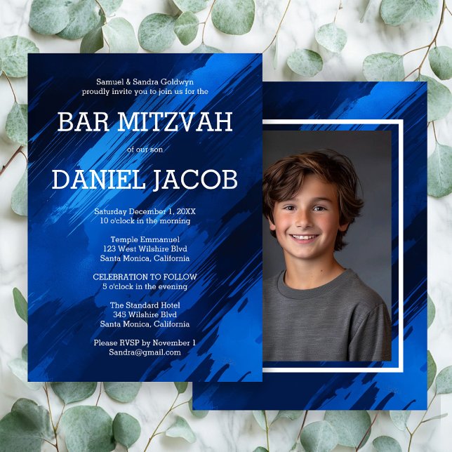 Blue Brushstrokes Custom Photo BAR BAT MITZVAH  Invitation (Blue Brushstrokes Custom Photo BAR BAT MITZVAH Invitation
)