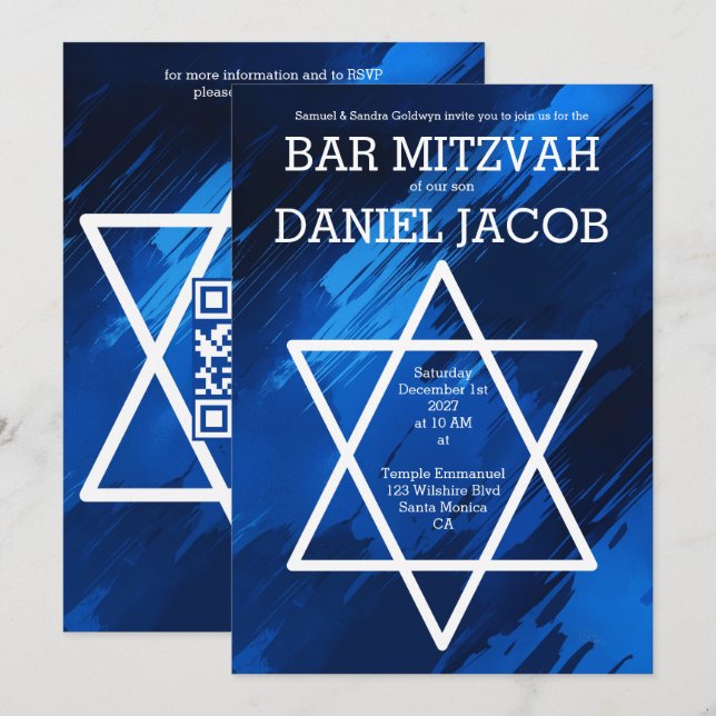 Blue Brushstrokes Star QR Custom BAR BAT MITZVAH  Invitation (Front/Back)