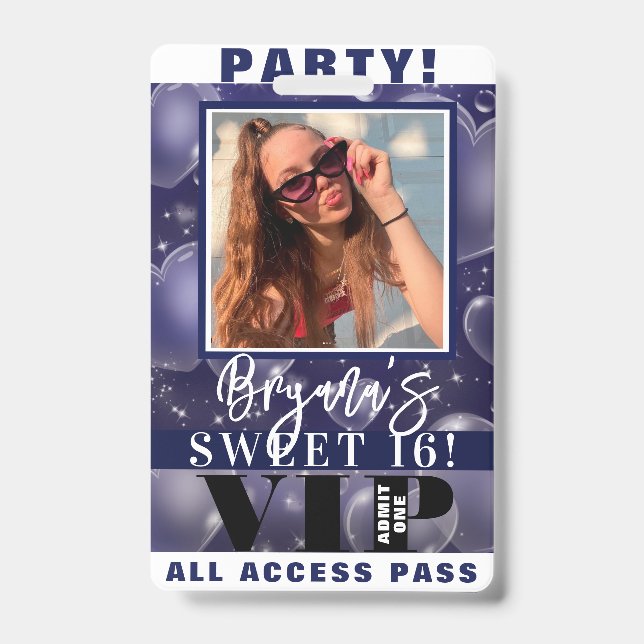 Blue Bubble Hearts Birthday Party VIP Pass Badge (Front)