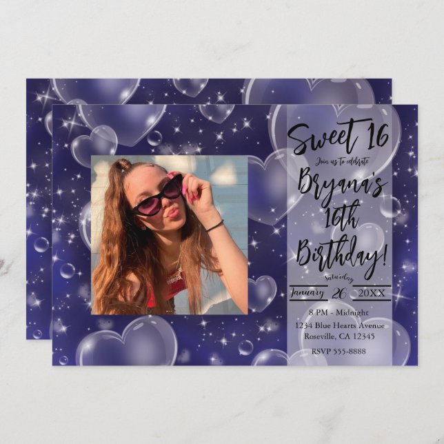 Blue Bubble Hearts Cute Girly 90's Birthday Party Invitation (Front/Back)